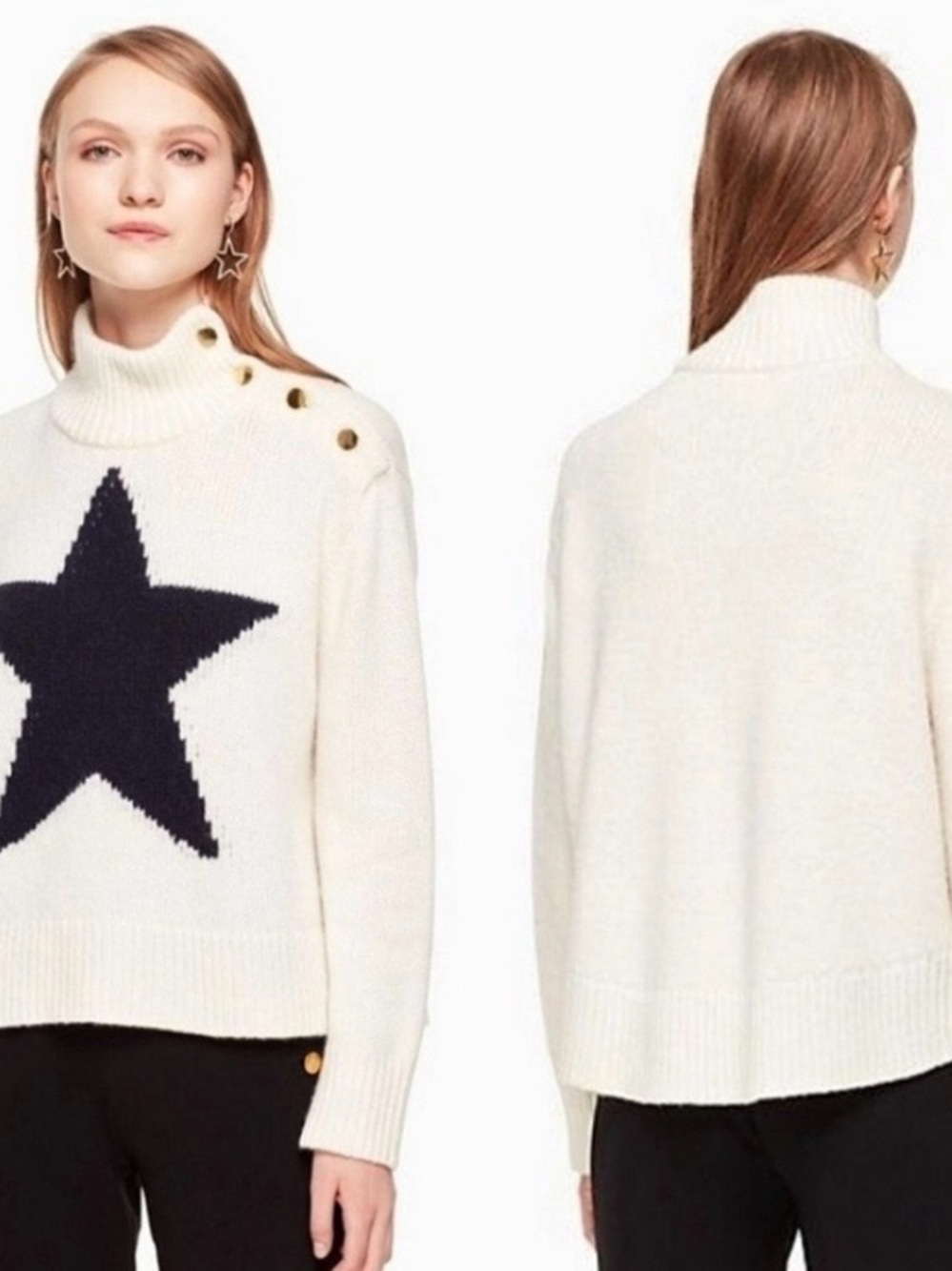 kate spade Cream Turtleneck Sweater with Navy Star & Gold Buttons